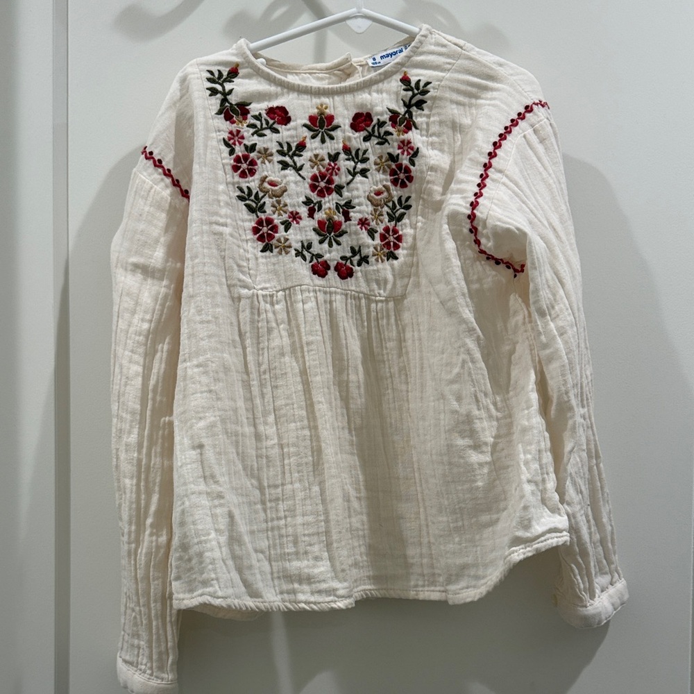 Mayoral Cream Blouse with Red and Green Embroidery